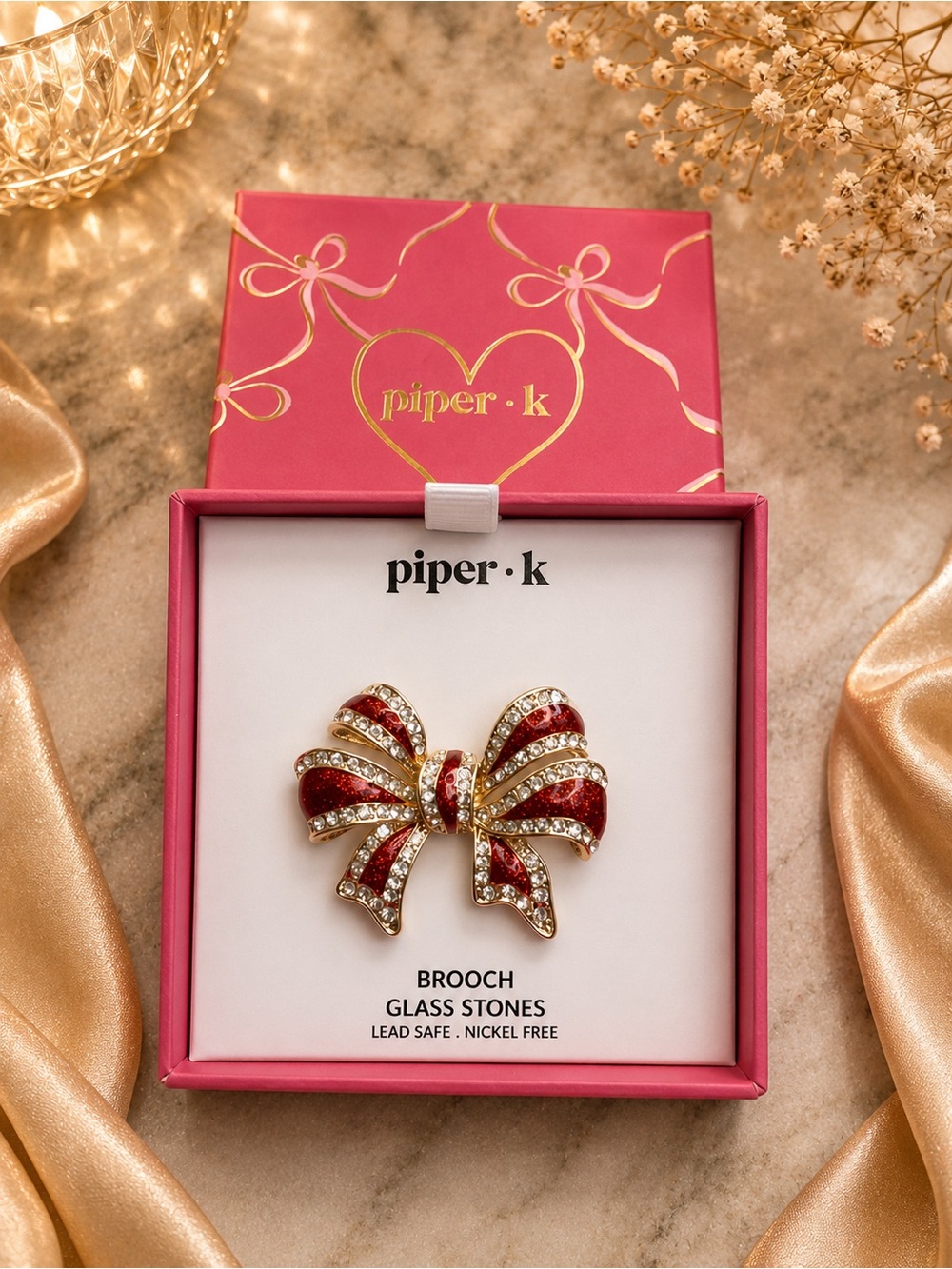 Piper K Red Bow Rhinestone Brooch Pin NWT | Holiday • Coquette